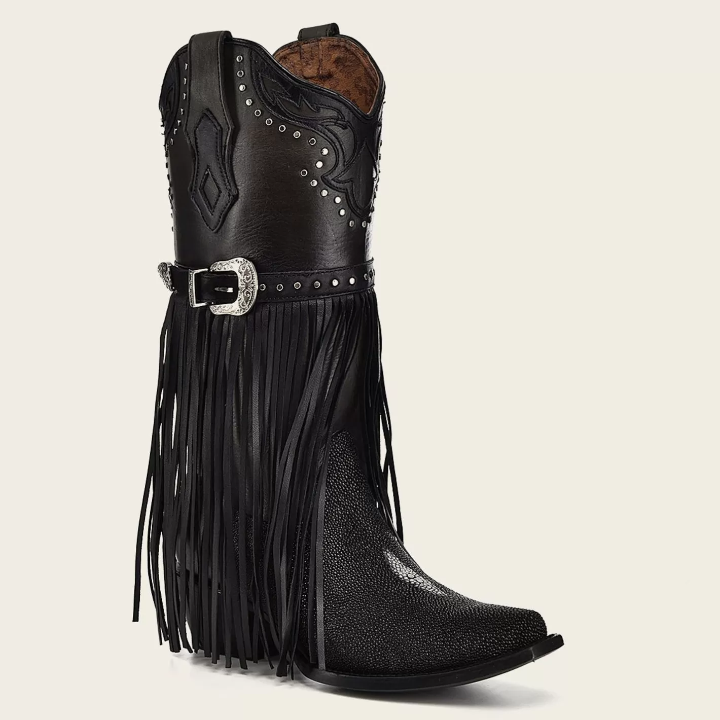 Cuadra Black Exotic Leather Fringed Cowboy Boot Sale