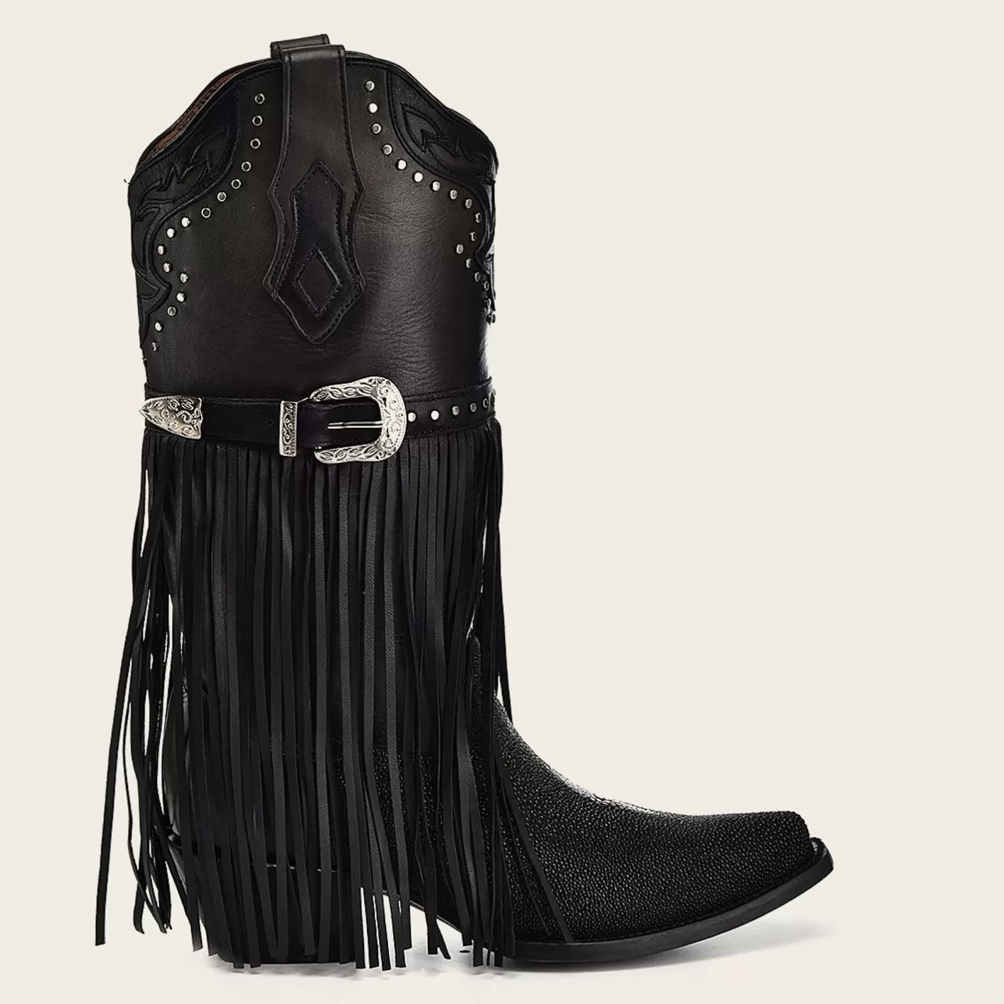 Cuadra Black Exotic Leather Fringed Cowboy Boot Sale