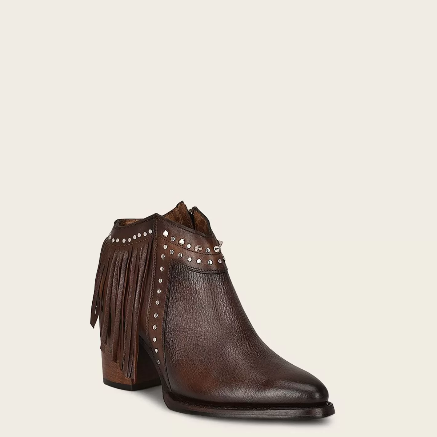 Cuadra Brown Leather Bootie With Metal Studs And Leather Fringes Shop