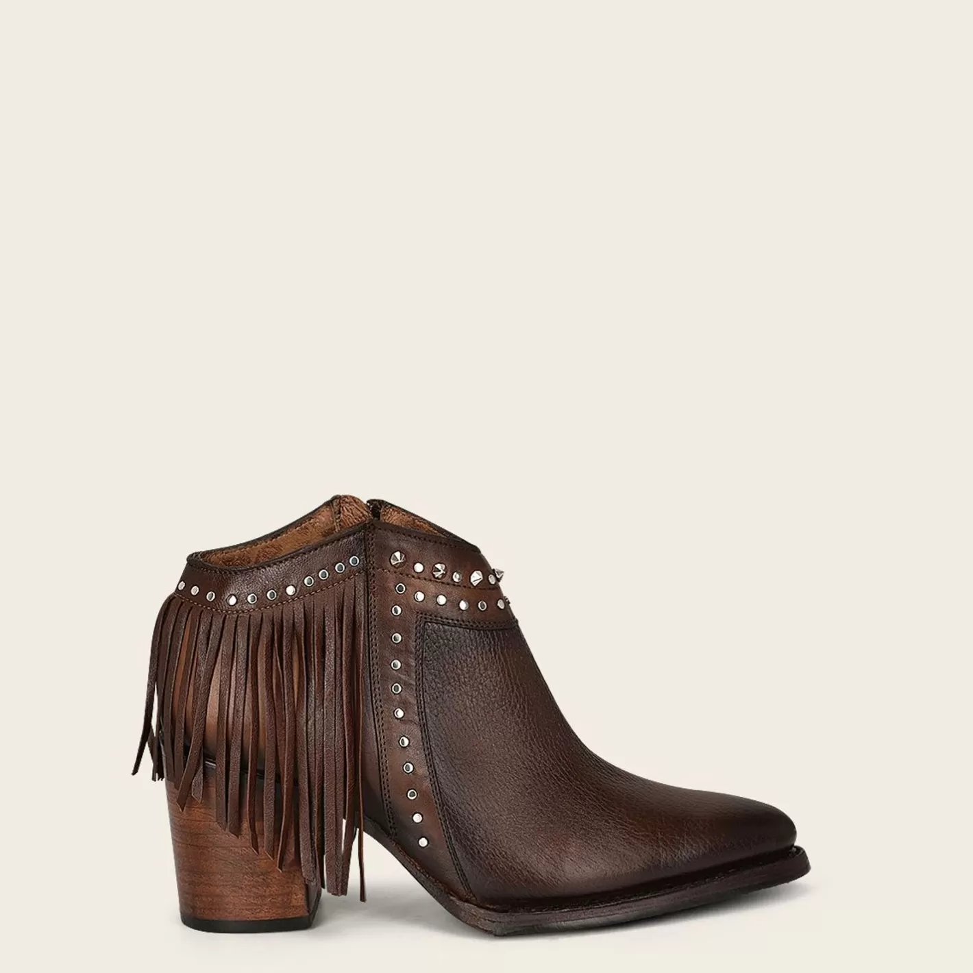 Cuadra Brown Leather Bootie With Metal Studs And Leather Fringes Shop