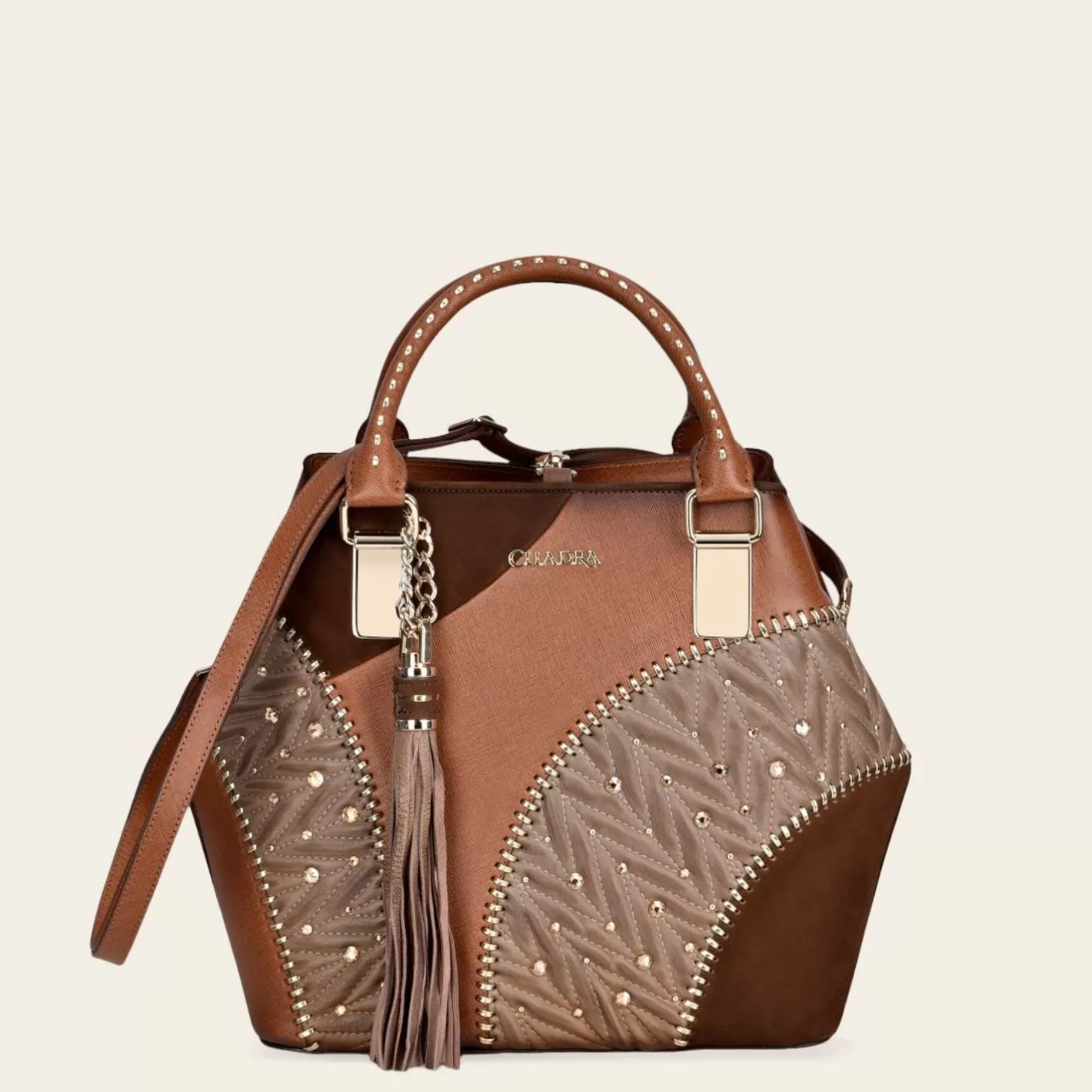 Cuadra Brown Leather Tote Bag With Contrasting Geometric Motifs Discount