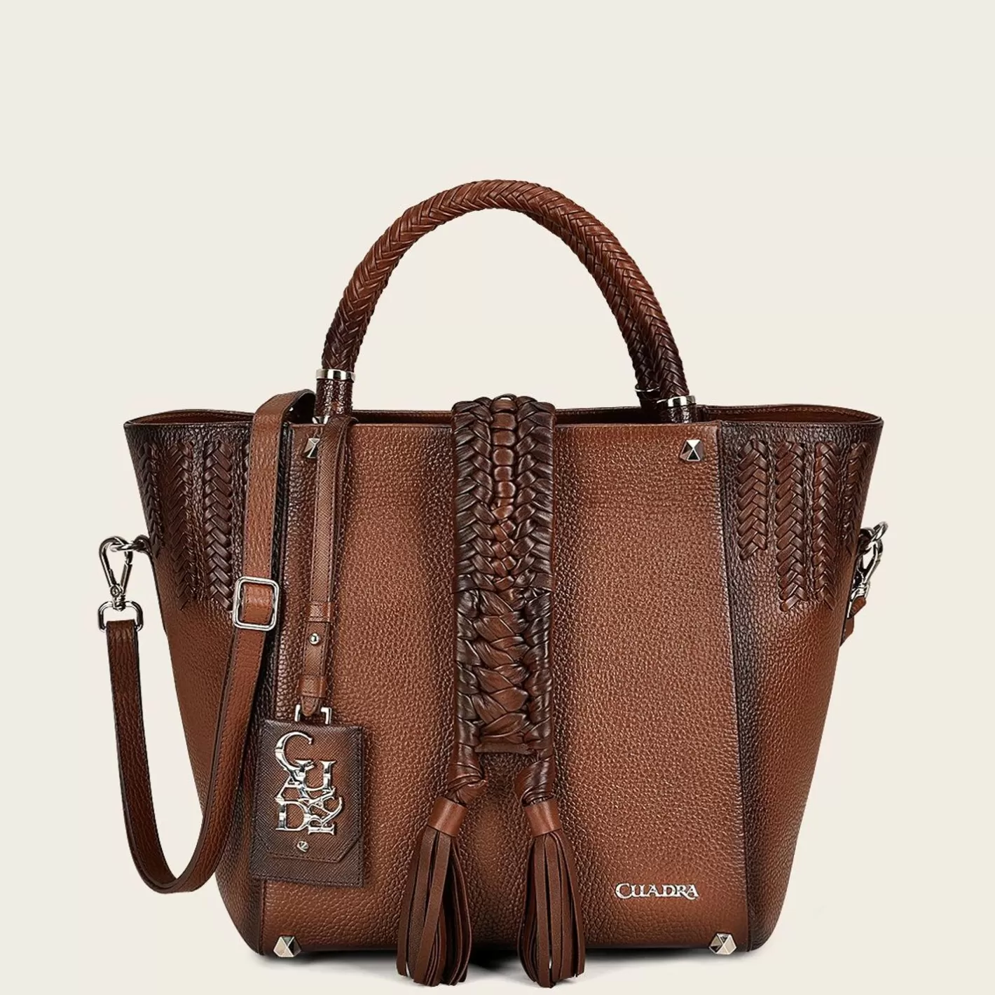 Cuadra Brown Leather Tote Bag With Handmade Fabric Application Cheap