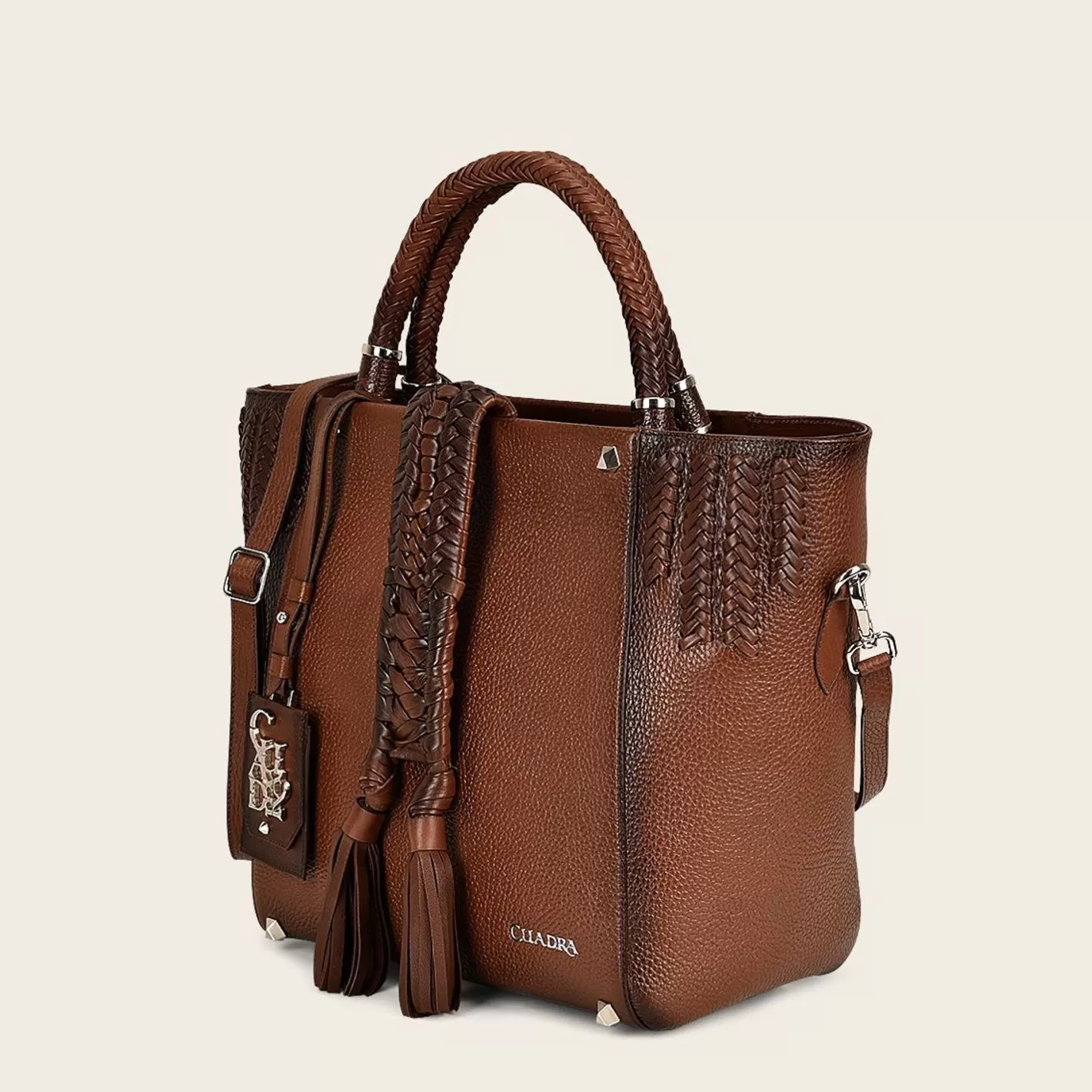 Cuadra Brown Leather Tote Bag With Handmade Fabric Application Cheap