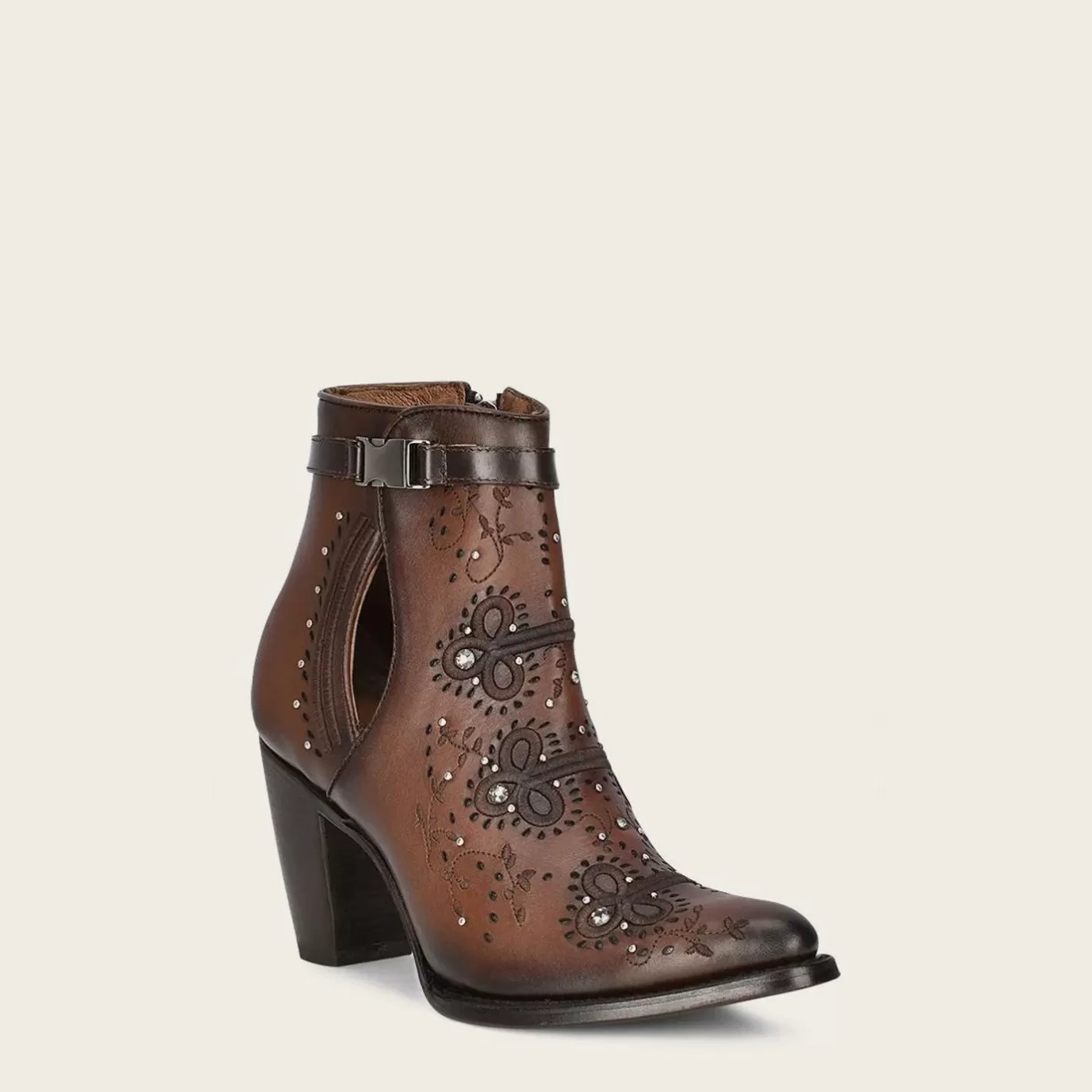 Cuadra Brown Perforated And Embroidery Bootie With Crystals Cheap