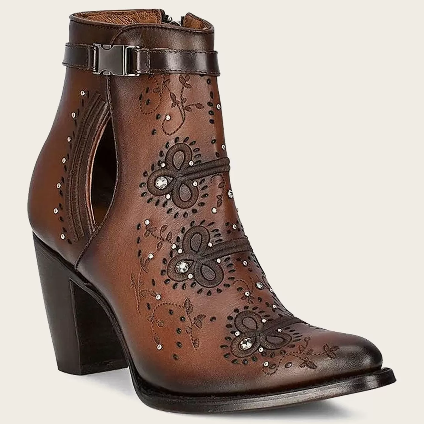 Cuadra Brown Perforated And Embroidery Bootie With Crystals Cheap