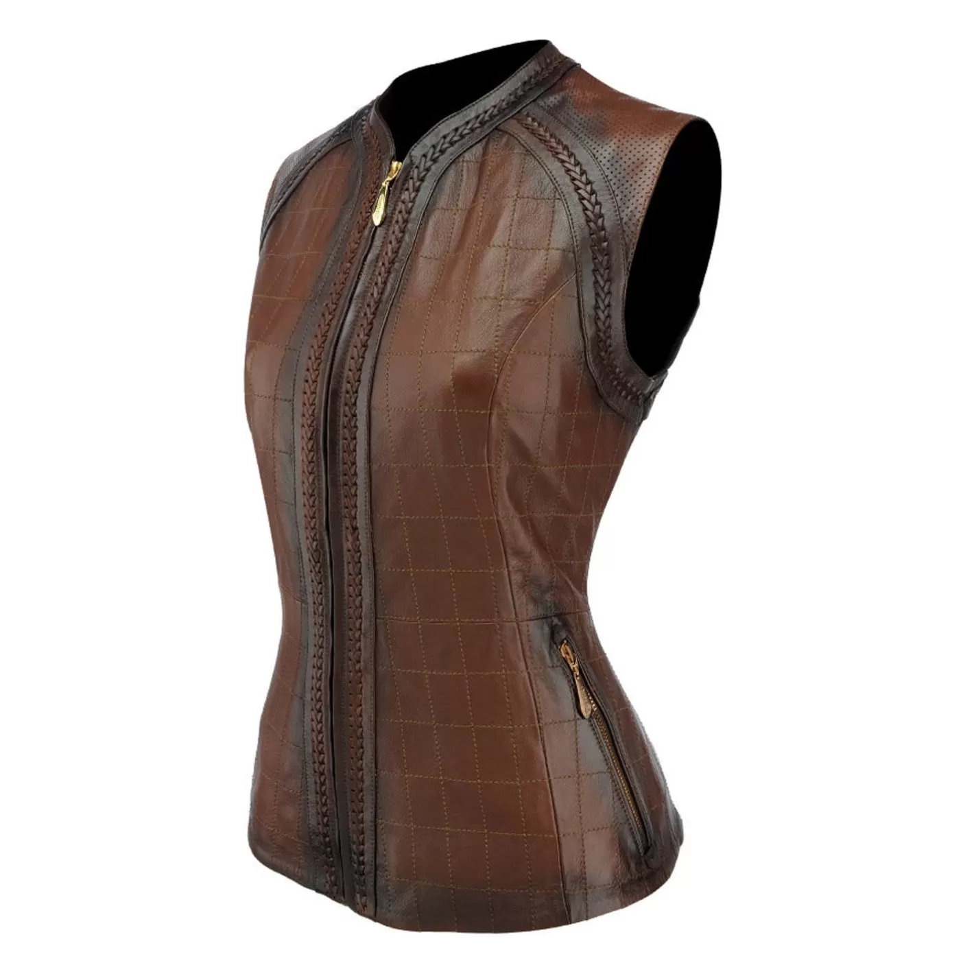 Cuadra Checkered Embroidered Brown Leather Vest Outlet