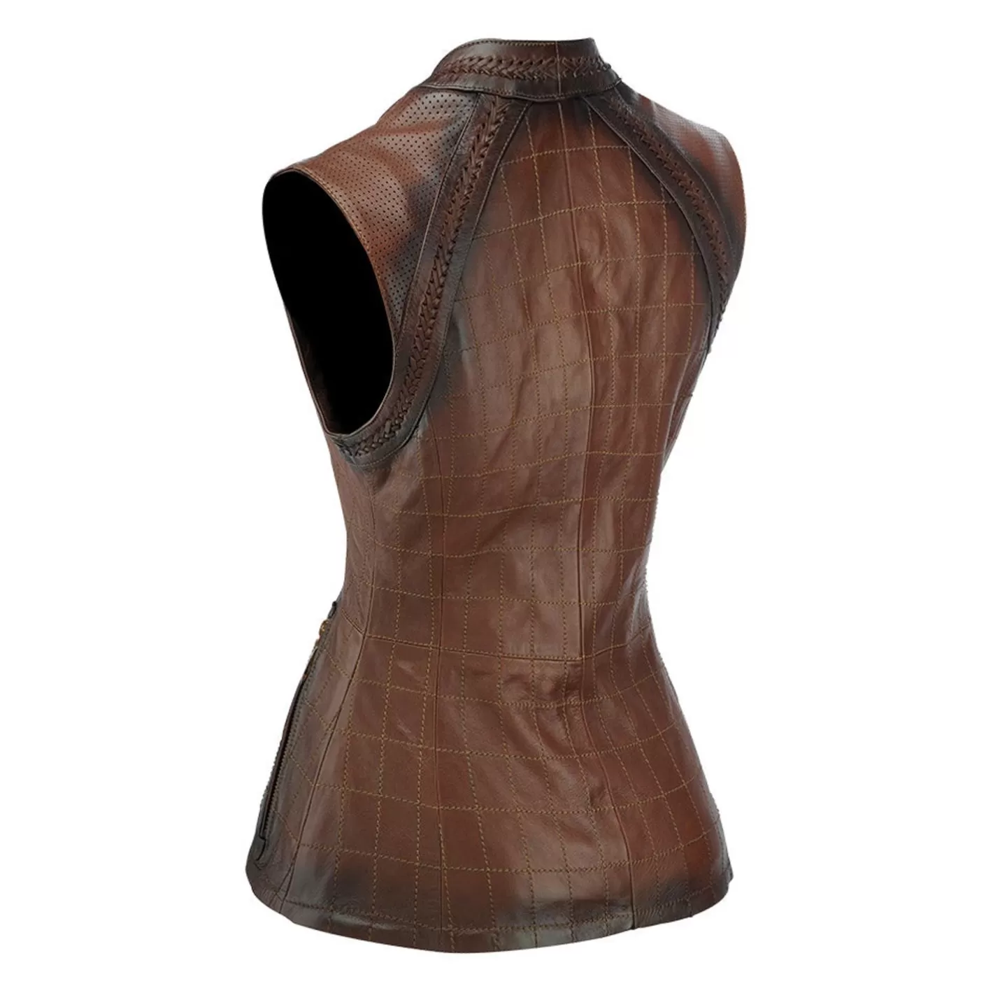 Cuadra Checkered Embroidered Brown Leather Vest Outlet