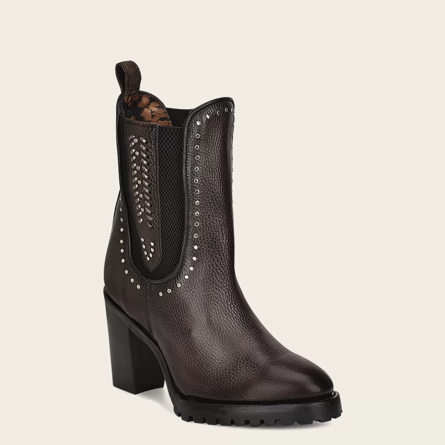 Cuadra Dark Brown Leather Urban Bootie With Hand Made Fabric And Studs Best
