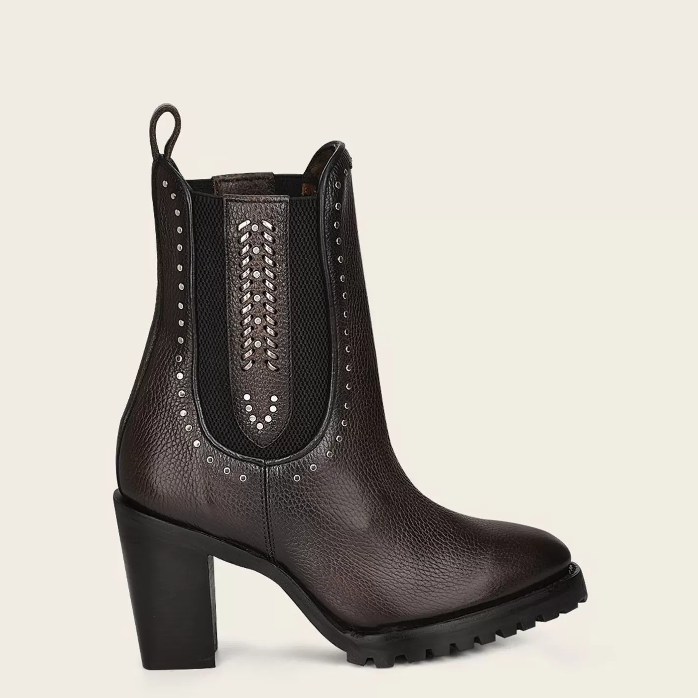 Cuadra Dark Brown Leather Urban Bootie With Hand Made Fabric And Studs Best