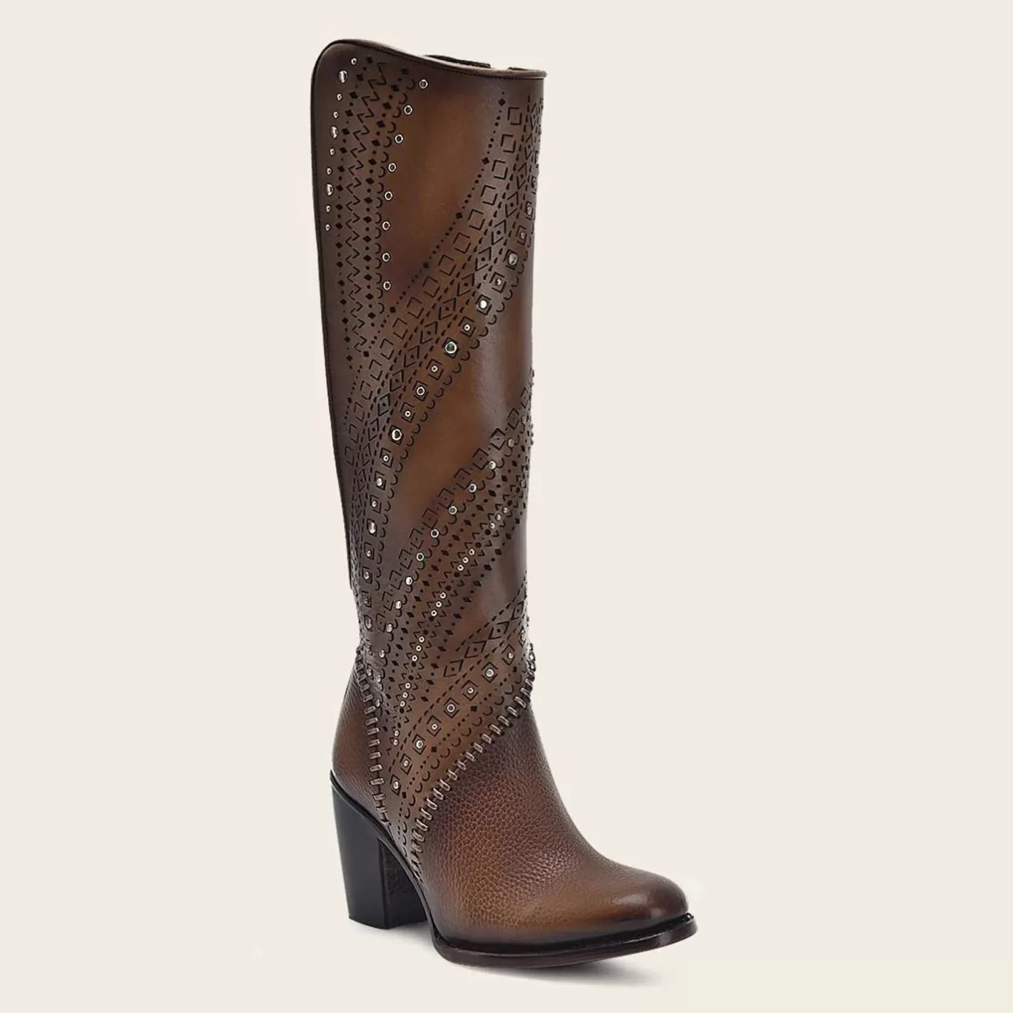 Cuadra Decorated Brown Leather Tall Boot With Perforations Discount