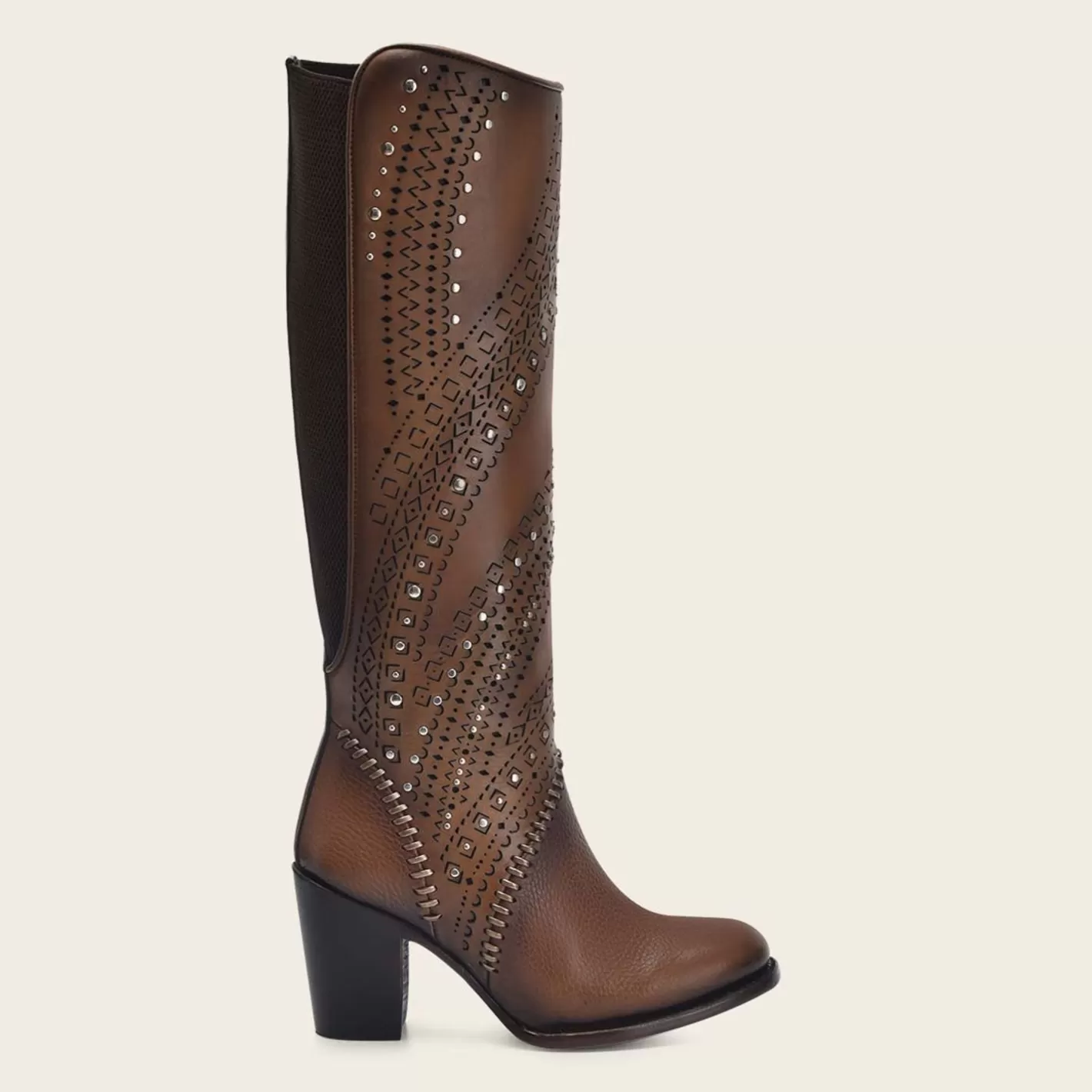 Cuadra Decorated Brown Leather Tall Boot With Perforations Discount