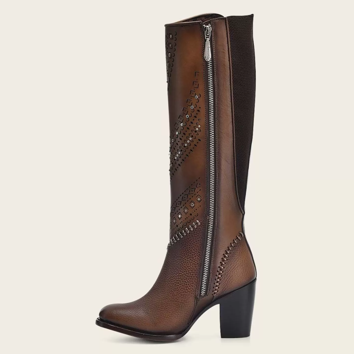 Cuadra Decorated Brown Leather Tall Boot With Perforations Discount