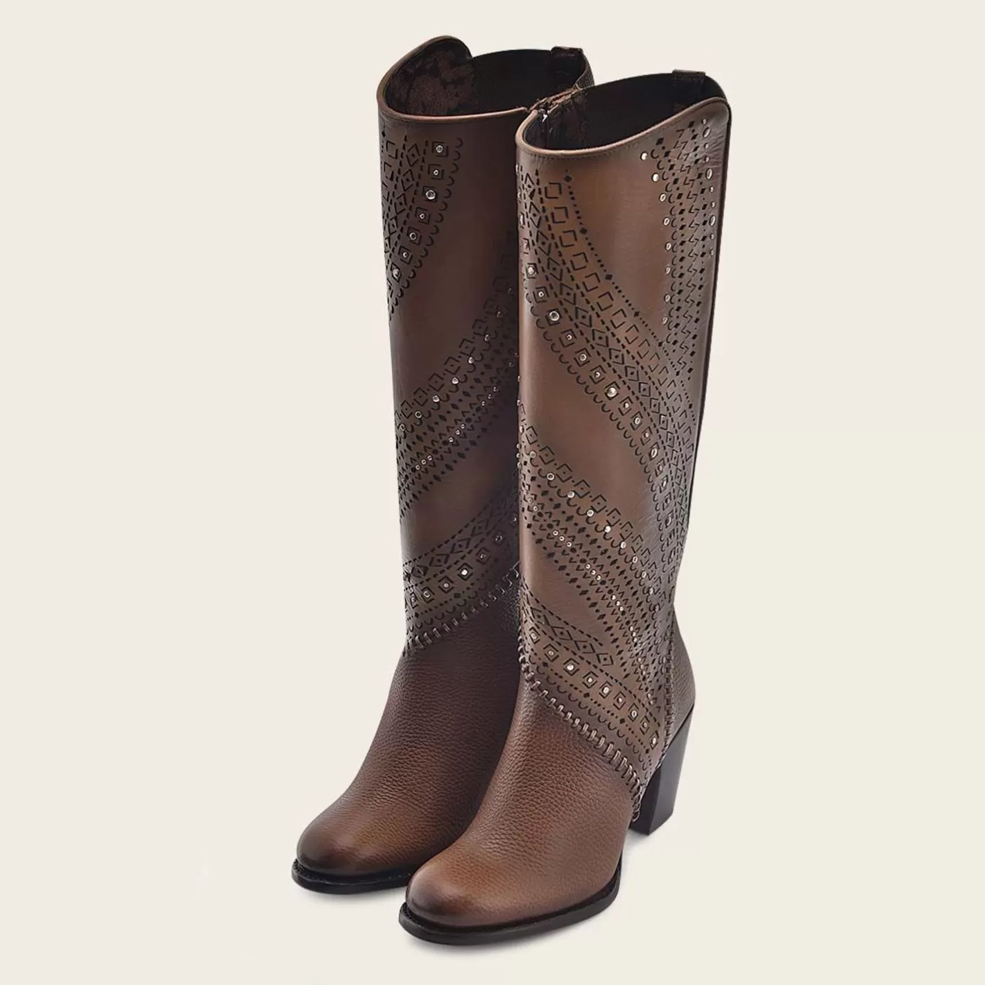Cuadra Decorated Brown Leather Tall Boot With Perforations Discount