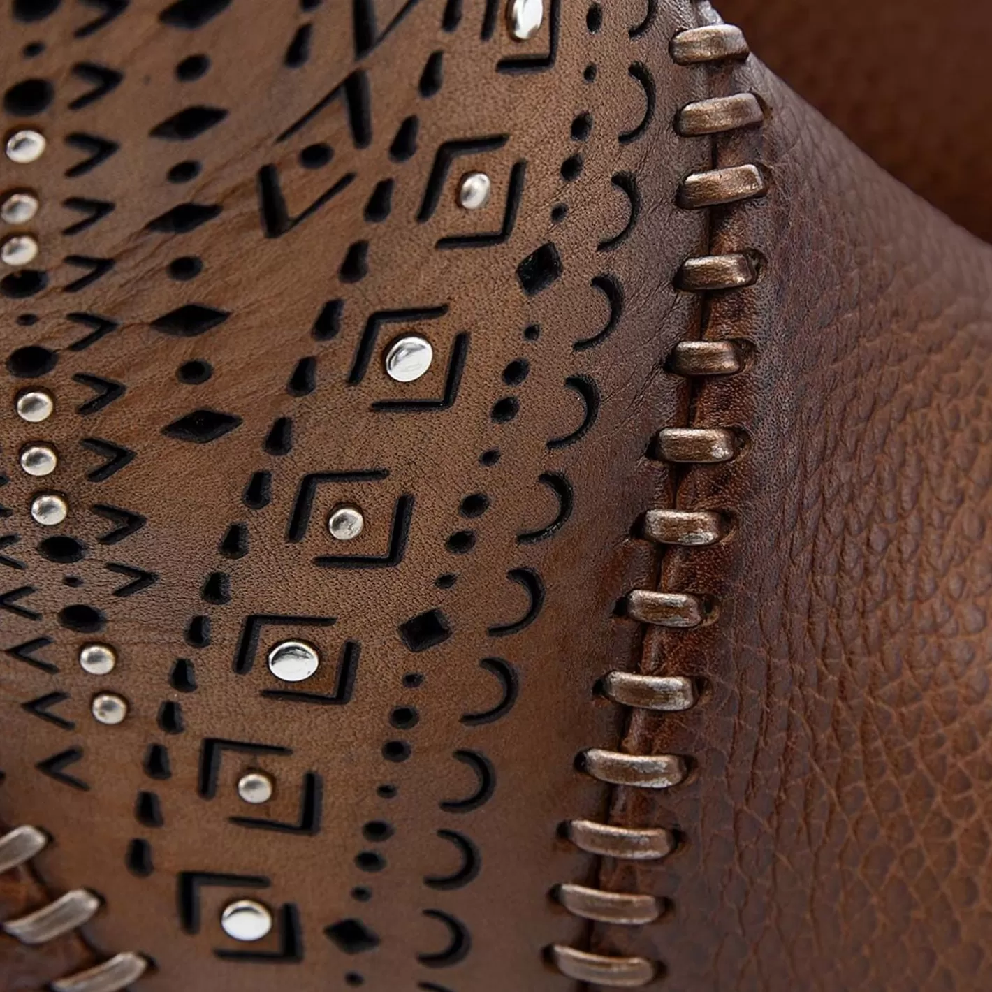 Cuadra Decorated Brown Leather Tall Boot With Perforations Discount