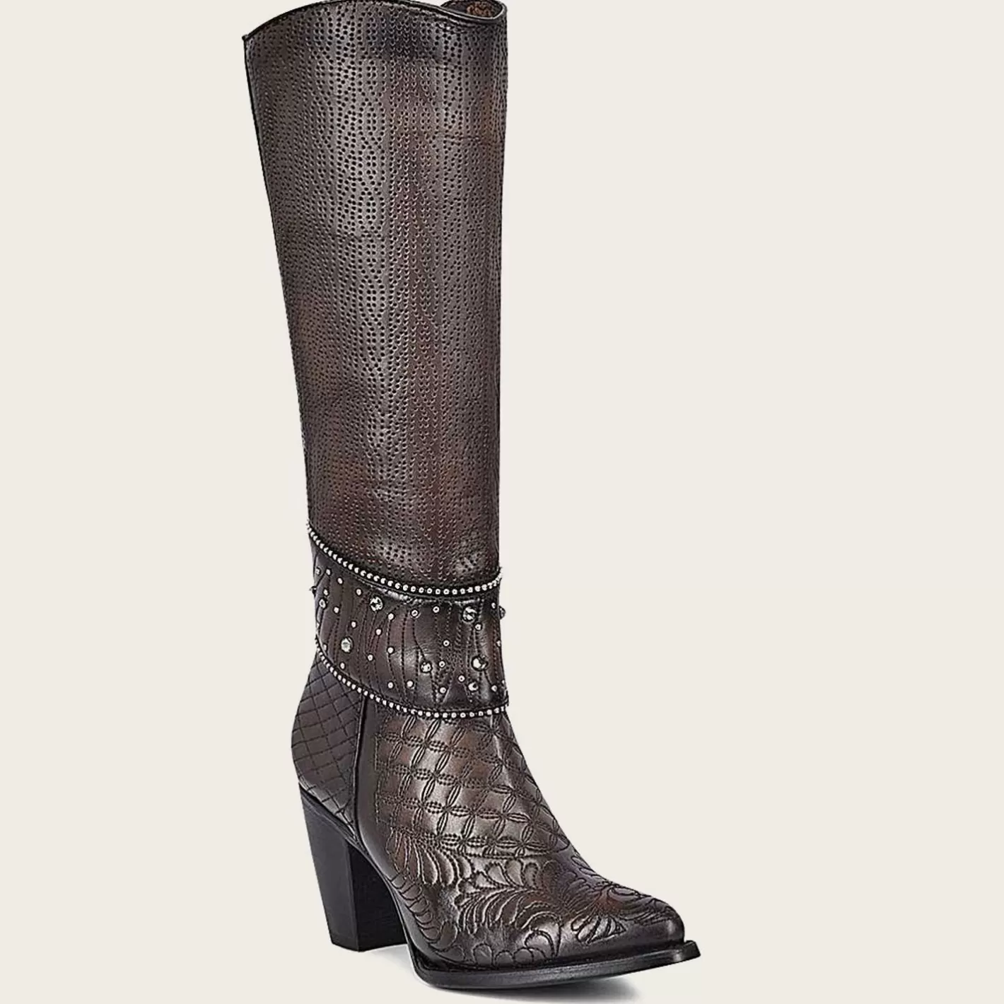 Cuadra Embroidered Dark Brown Leather Boot With Austrian Crystals Discount