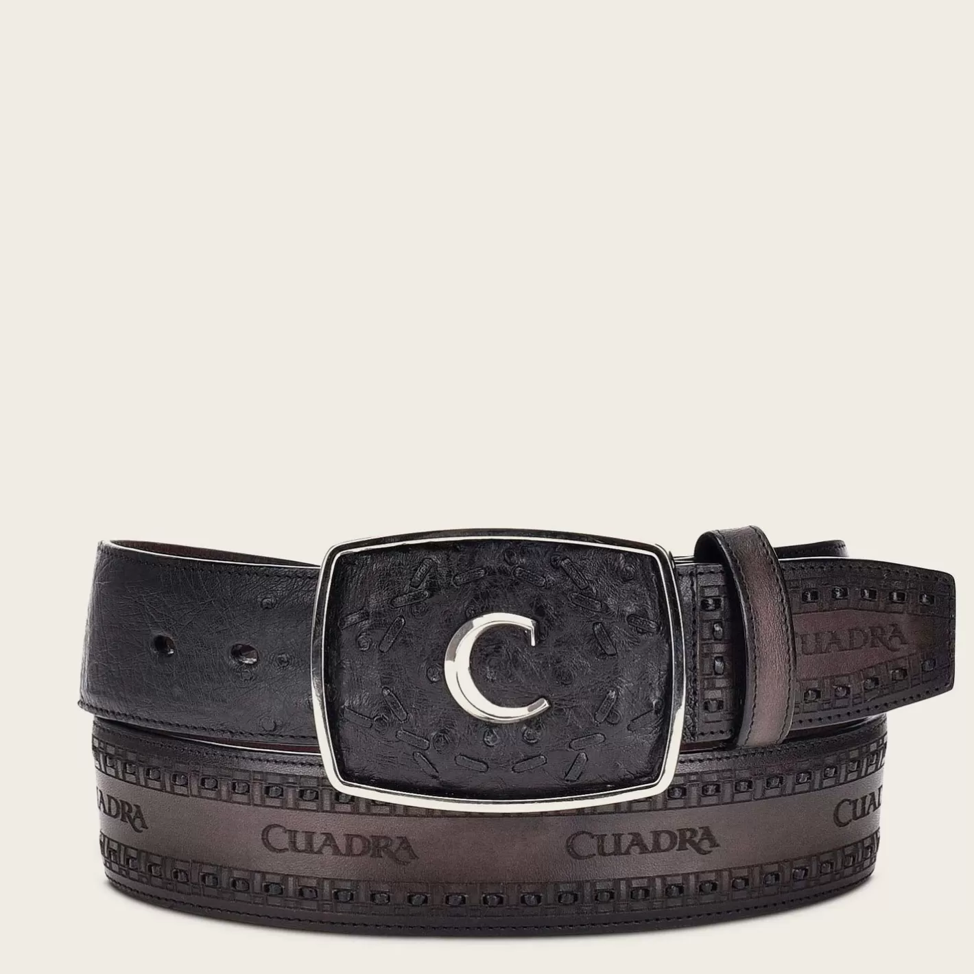 Cuadra Engraved Black Ostrich Leather Western Belt Shop