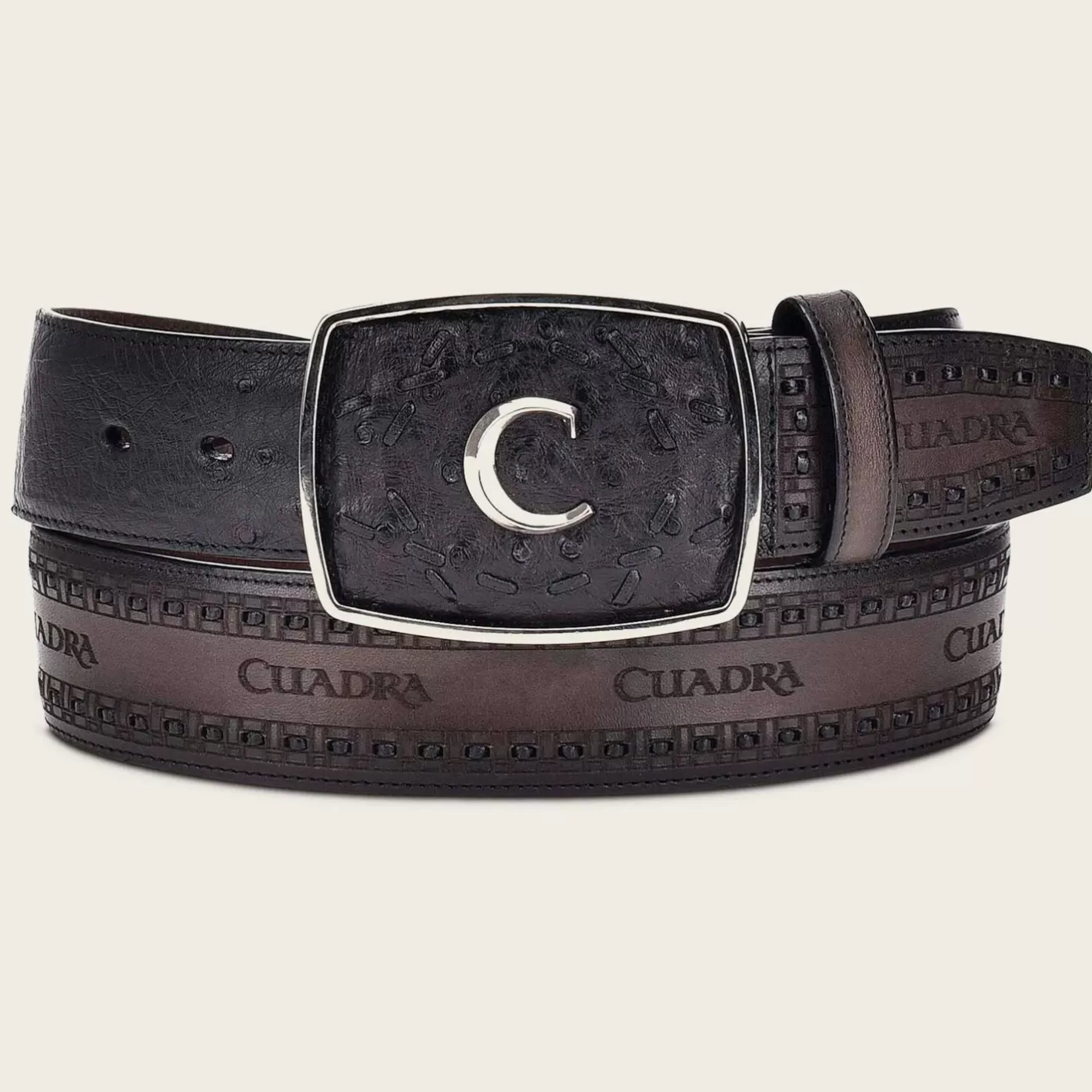 Cuadra Engraved Black Ostrich Leather Western Belt Shop