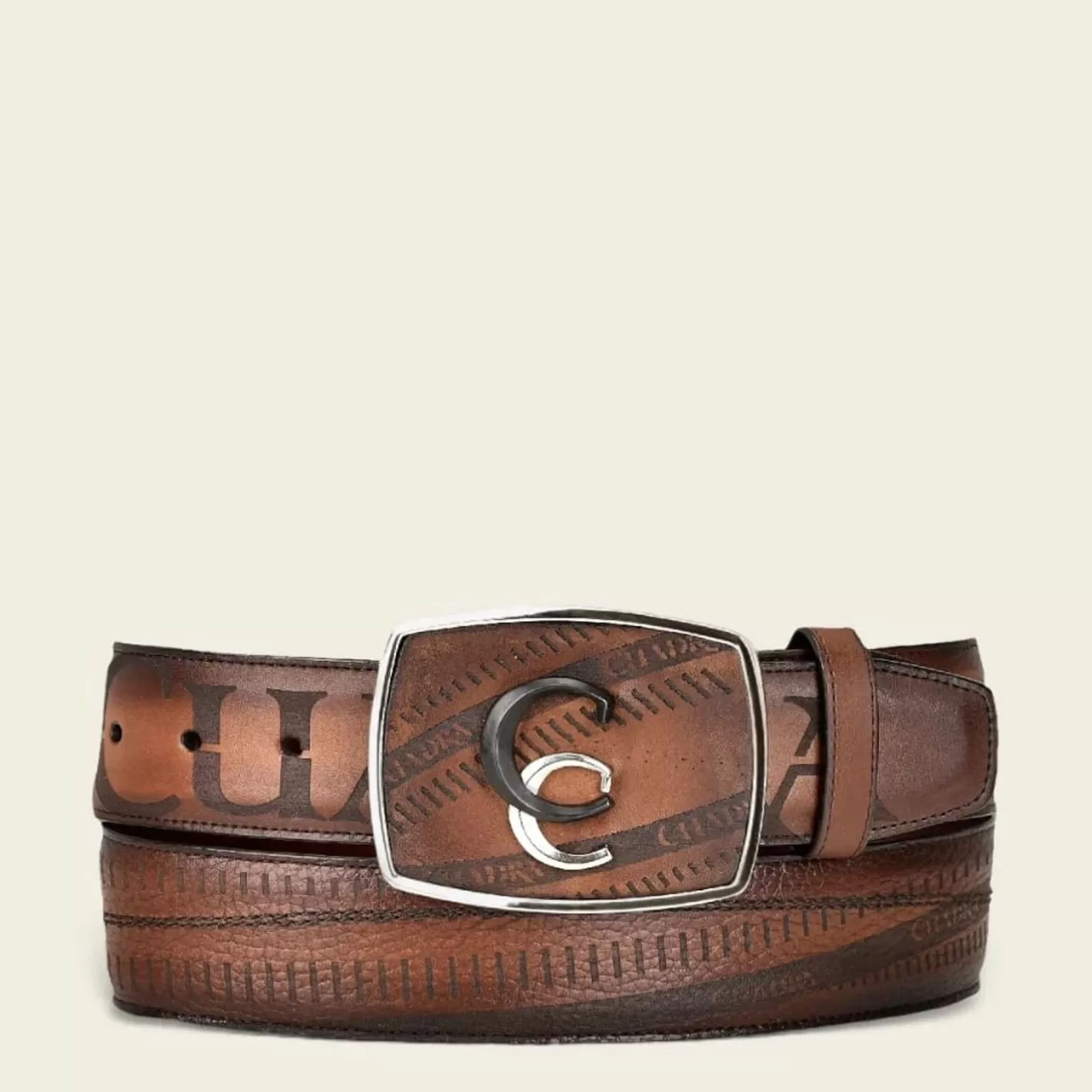 Cuadra Engraved Honey Brown Leather Western Belt With Black And Silver Monogram Sale