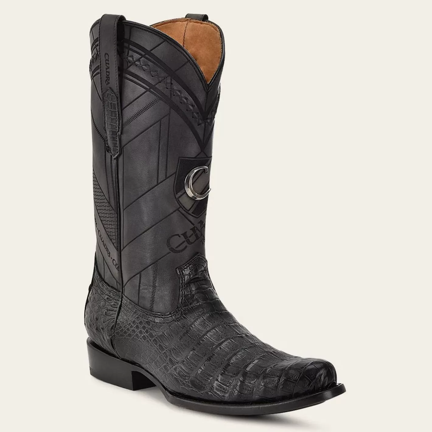 Cuadra Geometrical Engraved Black Cayman Leather Boot Cheap