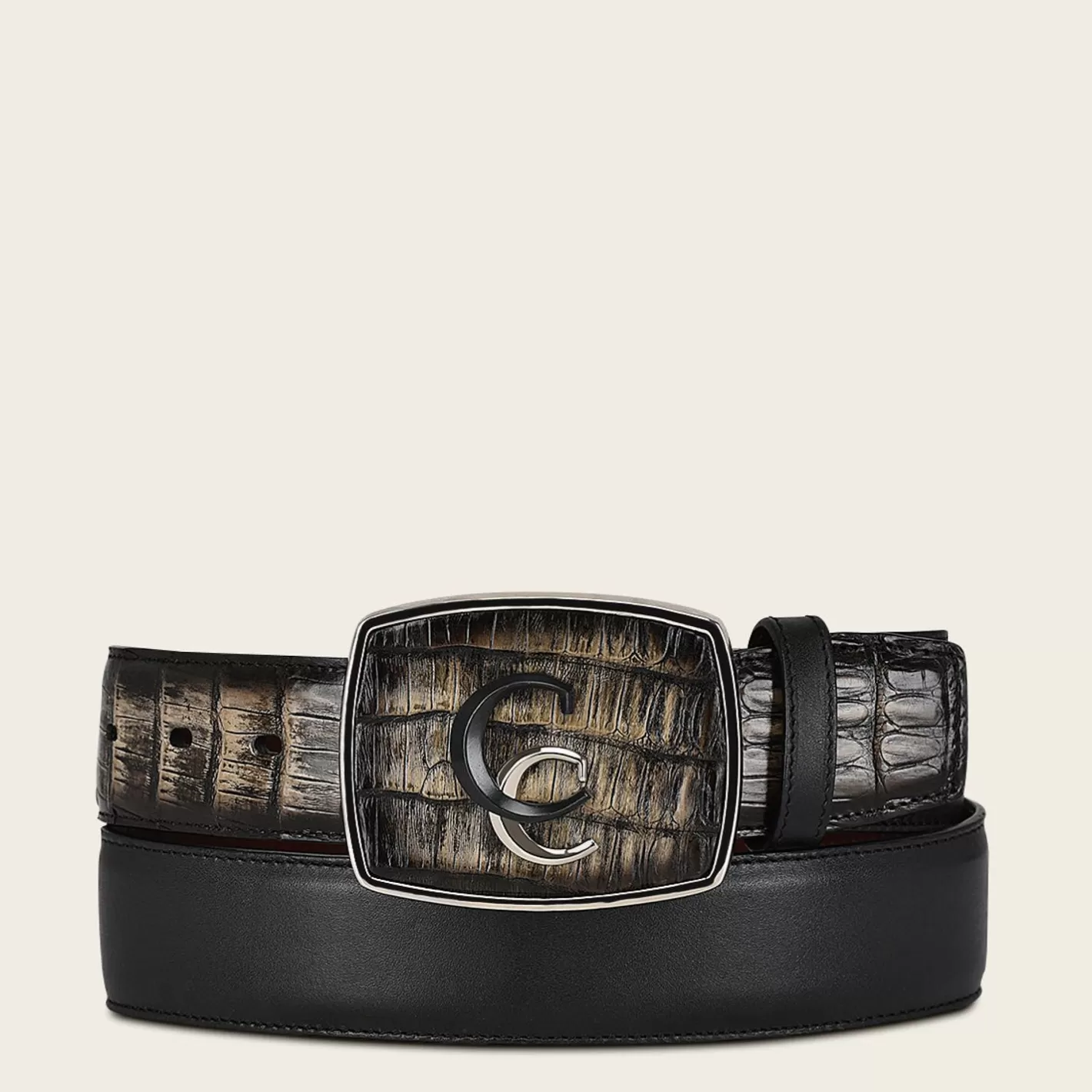 Cuadra Hand-Painted Black Exotic Leather Western Belt With Double Metal Insert Best Sale