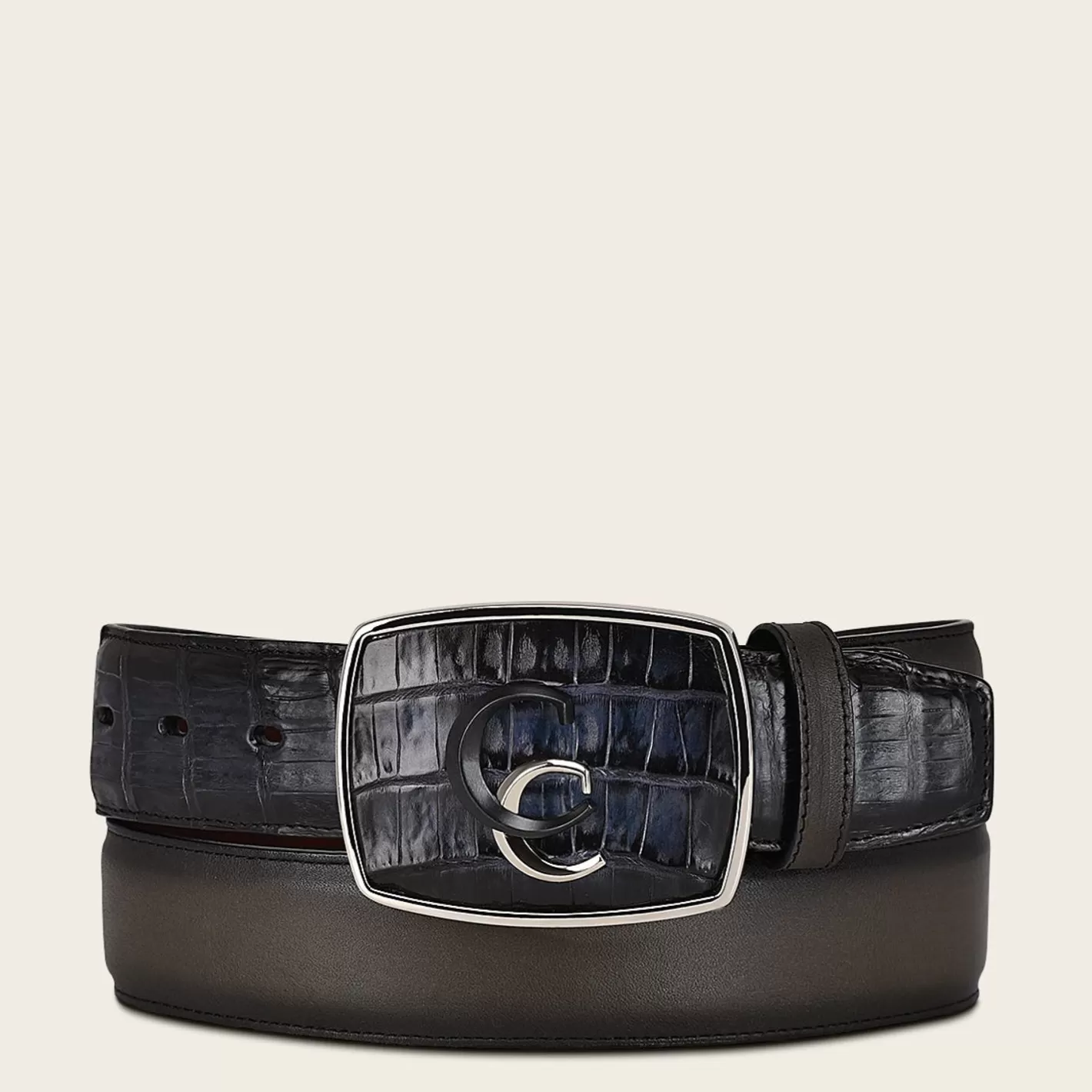Cuadra Hand-Painted Blue Exotic Leather Western Belt With Double Metal Insert Cheap