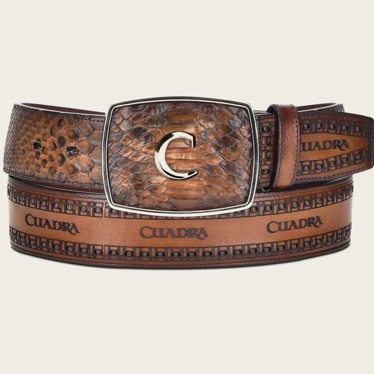 Cuadra Honey Engraved Python Leather Western Belt Store