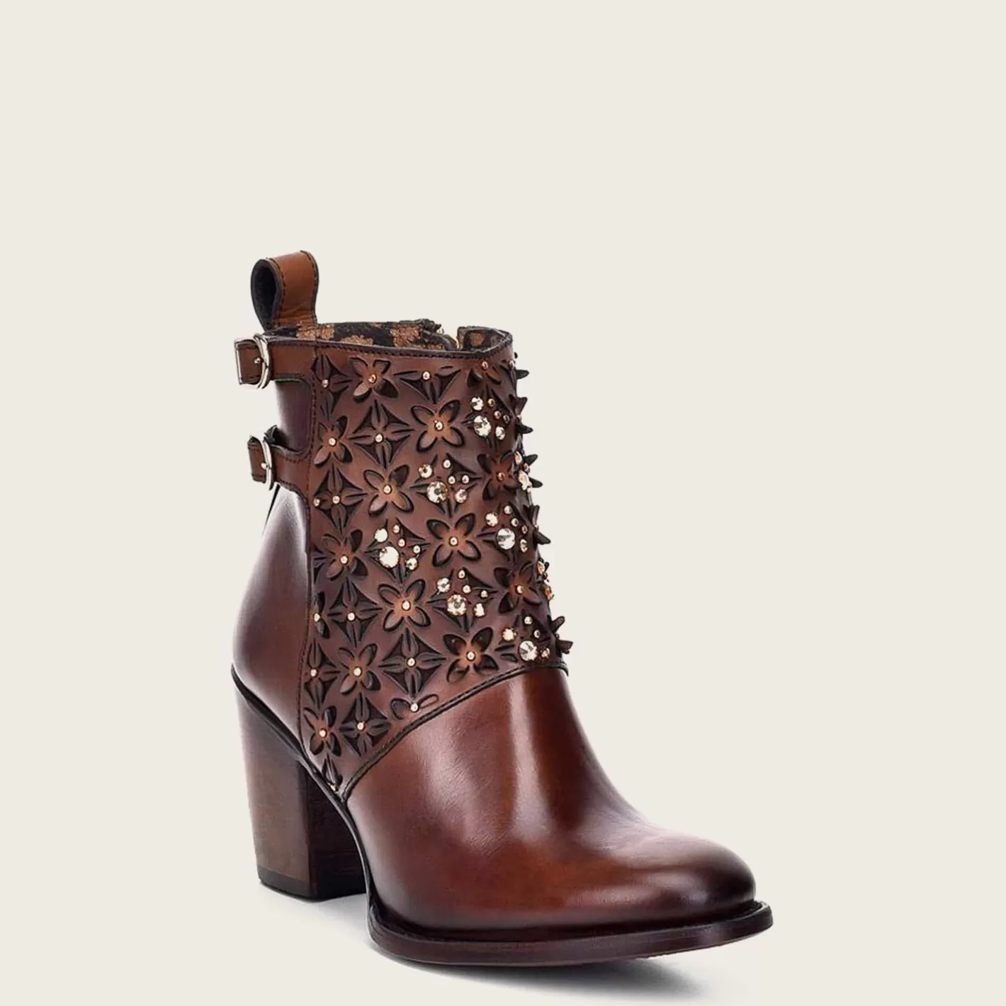 Cuadra Perforated Brown Leather Bootie With Austrian Crystals Cheap