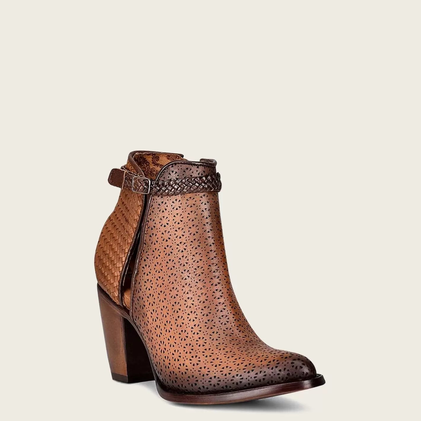 Cuadra Perforated Brown Leather Bootie With Hand Braided Strap Best