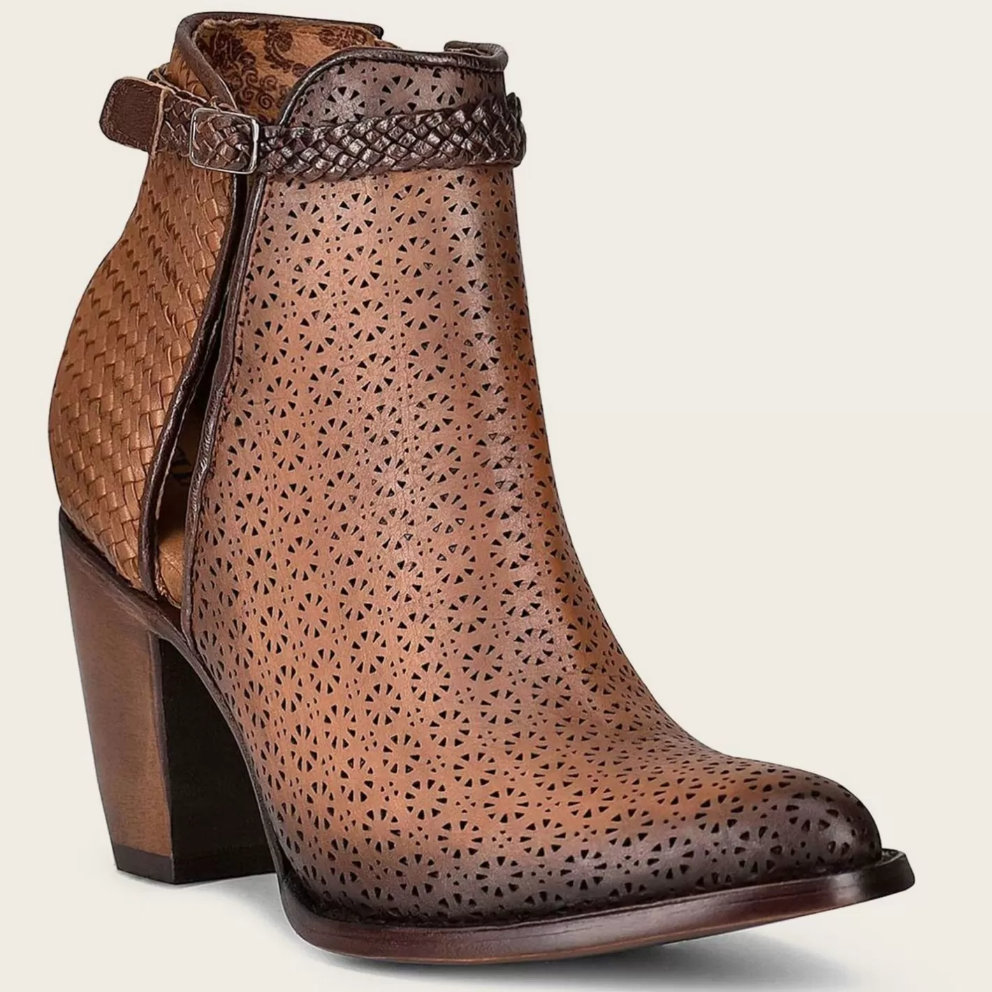 Cuadra Perforated Brown Leather Bootie With Hand Braided Strap Best