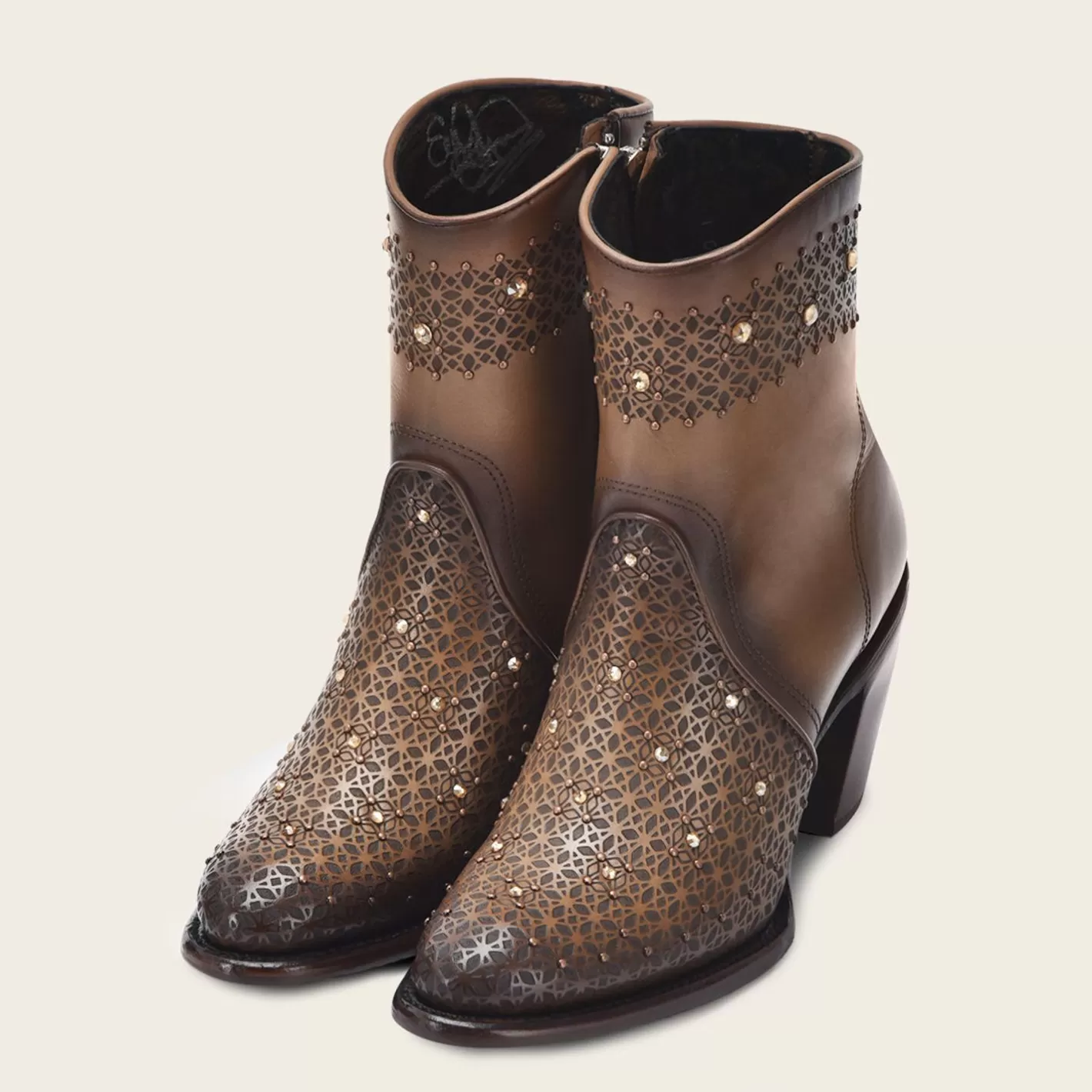 Cuadra Perforated Honey Brown Leather Ankle Bootie With Austrian Crystals Store