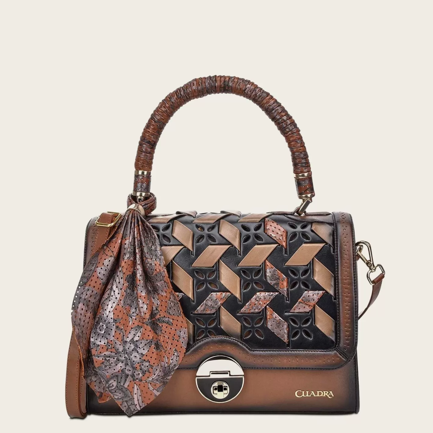 Cuadra Printed Brown Leather Satchel Bag New