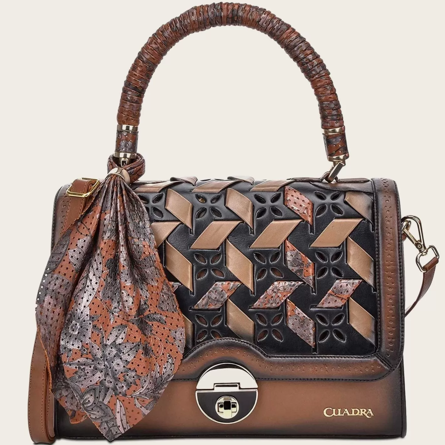 Cuadra Printed Brown Leather Satchel Bag New